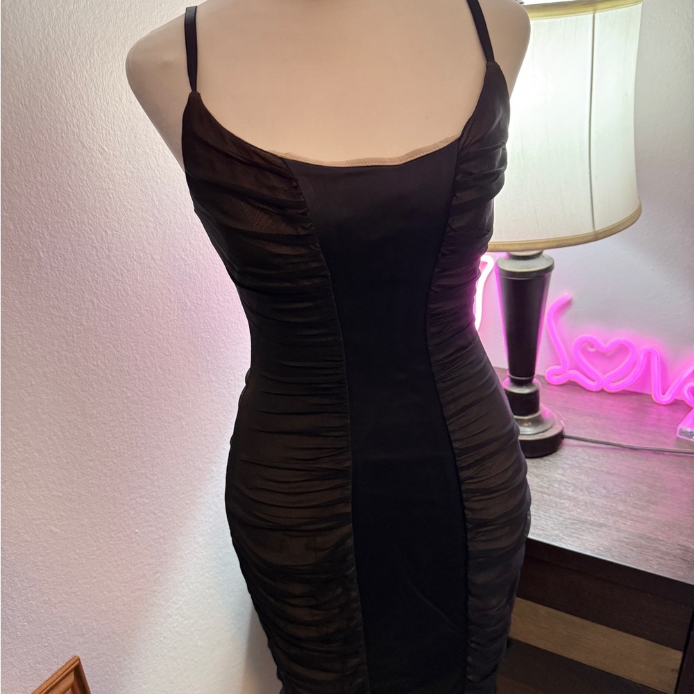 Bebe Black Ruched Bodycon Mini Dress